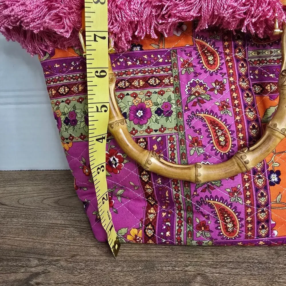 Boho Tapestry Quilted Tote Bag with Bamboo Handles & Magenta Fringe